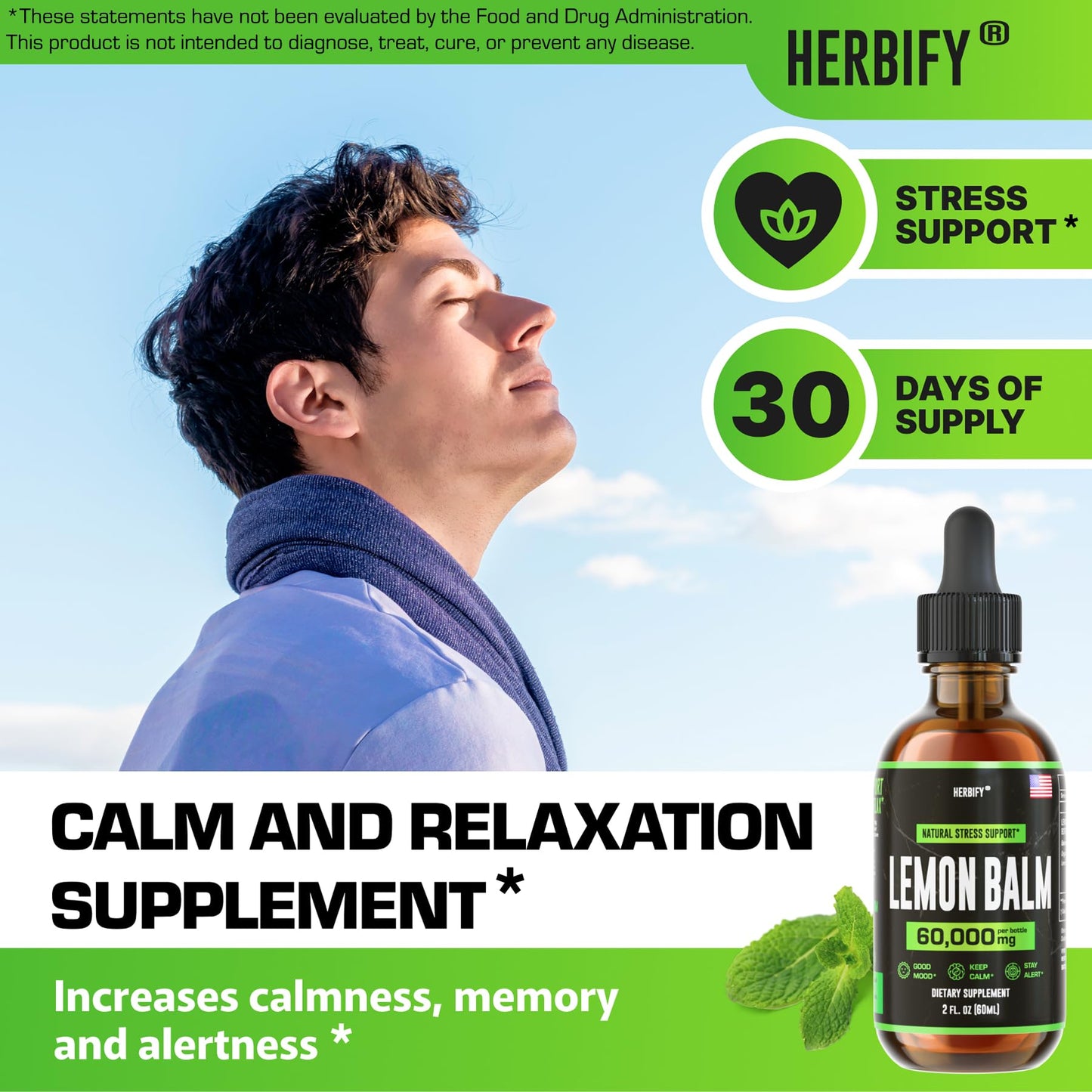 HERBIFY Lemon Balm Tincture - Melissa Officinalis Leaf Liquid Extract - Brain Support and Mood Boost - Lemon Balm Drops for Immune & Cognitive Support - 30 Days Supply - 2 Fl oz