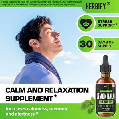HERBIFY Lemon Balm Tincture - Melissa Officinalis Leaf Liquid Extract - Brain Support and Mood Boost - Lemon Balm Drops for Immune & Cognitive Support - 30 Days Supply - 2 Fl oz