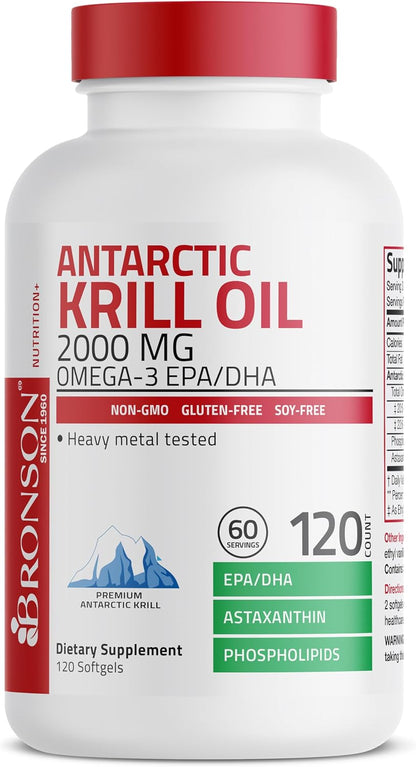 Bronson Antarctic Krill Oil 2000 mg with Omega-3s, 120 Softgels | Heavy Metal Tested, with EPA, DHA, Astaxanthin and Phospholipids, Non-GMO, Gluten Free, Soy Free