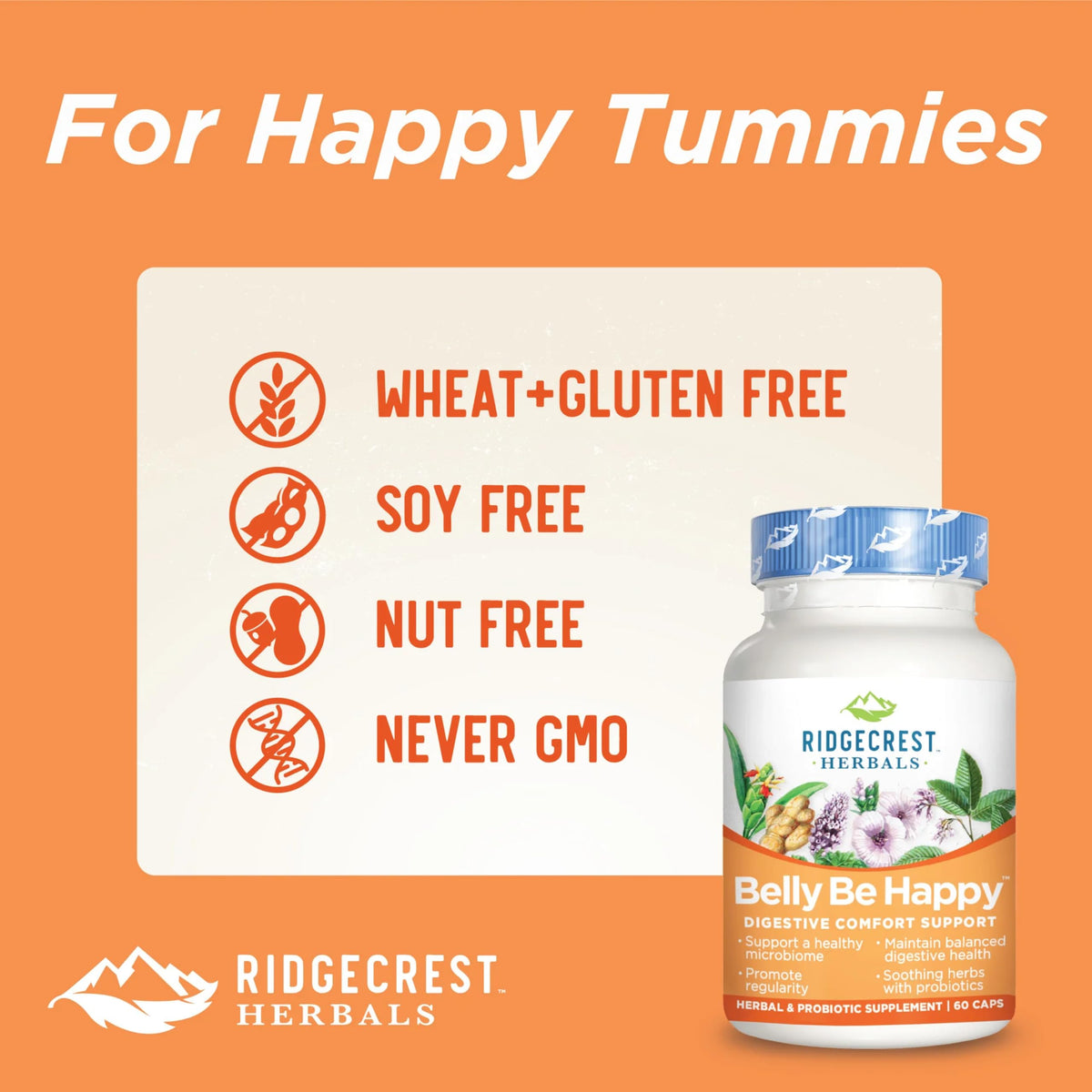 RidgeCrest Herbals Belly Be Happy - 60 Capsules - Digestive Comfort Support - Non-GMO