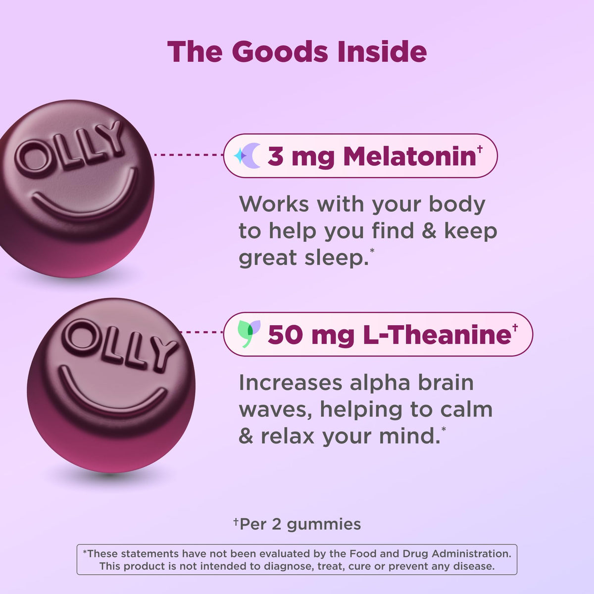 OLLY Sleep Support Gummy Supplement,* 3 mg Melatonin, L-Theanine - 50 Count