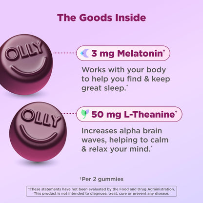 OLLY Sleep Support Gummy Supplement,* 3 mg Melatonin, L-Theanine - 50 Count