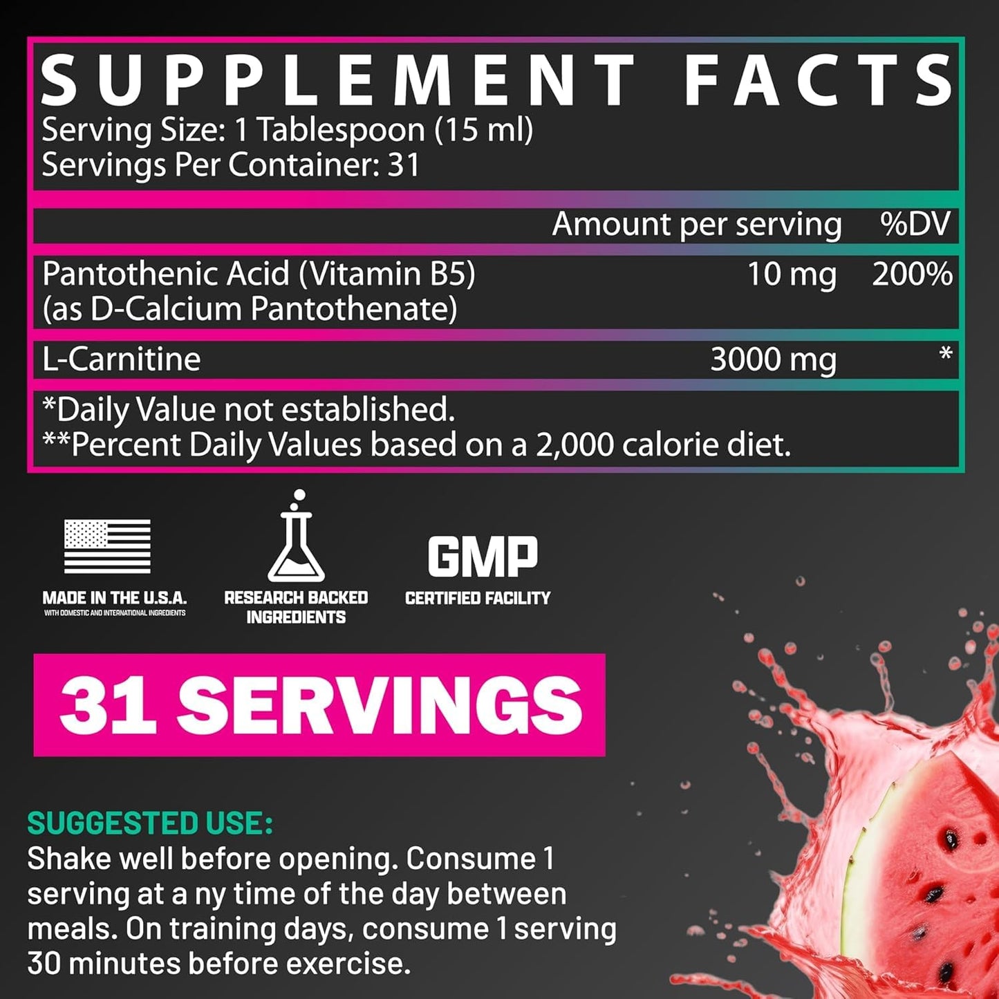 Nutrex Research L Carnitine 3000 - Clinically Dosed L-Carnitine Liquid for Energy, Metabolism & Muscle Recovery - Delicious Strawberry Watermelon - No Sugar, No Carbs, No Stimulants - 31 Servings