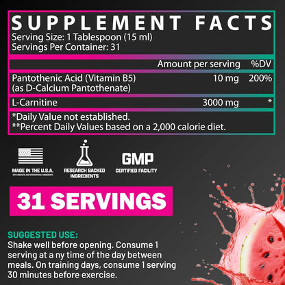 Nutrex Research L Carnitine 3000 - Clinically Dosed L-Carnitine Liquid for Energy, Metabolism & Muscle Recovery - Delicious Strawberry Watermelon - No Sugar, No Carbs, No Stimulants - 31 Servings