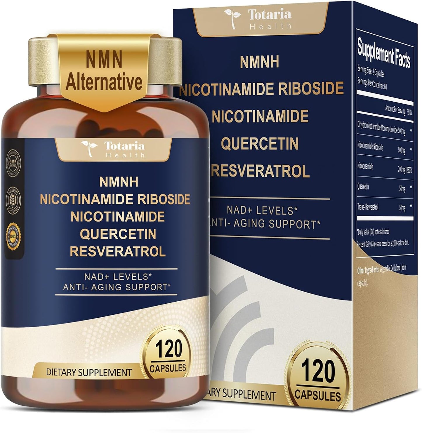 Totaria NMNH 500mg (Dihydronicotinamide Mononucleotide), Premium NMN Alternative Supplement w/Niacinamide (Vitamin B3), Quercetin, Trans-Resveratrol, for NAD+, Skin Cell, Anti-Aging & Energy, 120 Ct