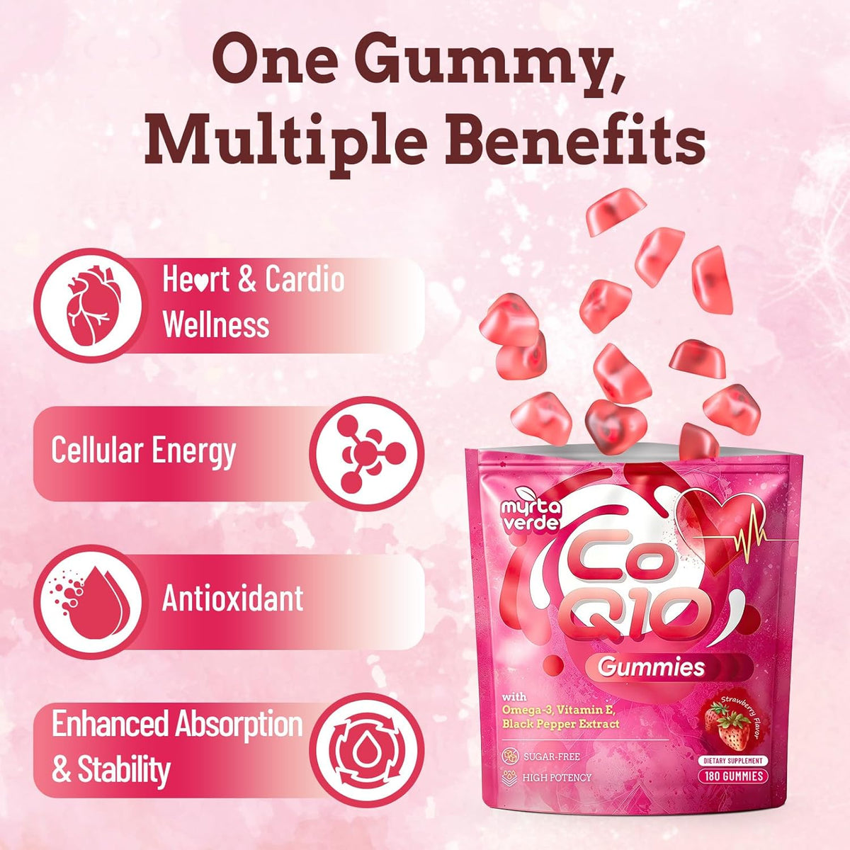 (180 Count) CoQ10 Gummies 300mg Sugar-Free | High Absorption Coenzyme Q10 Supplements with Omega-3, Vitamin E & Black Pepper | Heart, Fertility & Energy | 6 Month Supply, Strawberry Flavor