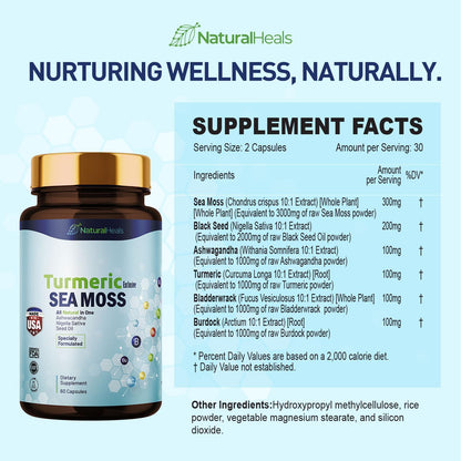 Natural Heals Sea Moss 3000mg: Black Seed Oil 2000mg Ashwagandha 1000mg Turmeric