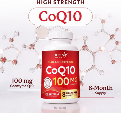 CoQ10 100mg Softgels, Heart Health Support, 8 Month Supply, High Absorption | Coenzyme Q10 for Energy Levels & Vitality Support, Co Q 10 Supplement, Non-GMO, Gluten-Free, 240 Co Q10 Softgels (Once-Daily)