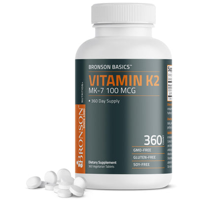 Bronson Vitamin K2 MK-7 100 MCG, K2 as MK7 Menaquinone, Bone Support Non-GMO, 120 Tablets