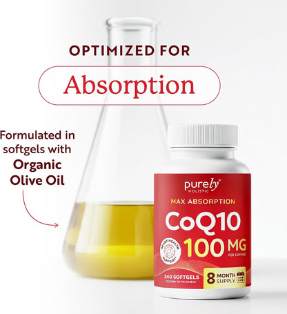 CoQ10 100mg Softgels, Heart Health Support, 8 Month Supply, High Absorption | Coenzyme Q10 for Energy Levels & Vitality Support, Co Q 10 Supplement, Non-GMO, Gluten-Free, 240 Co Q10 Softgels (Once-Daily)