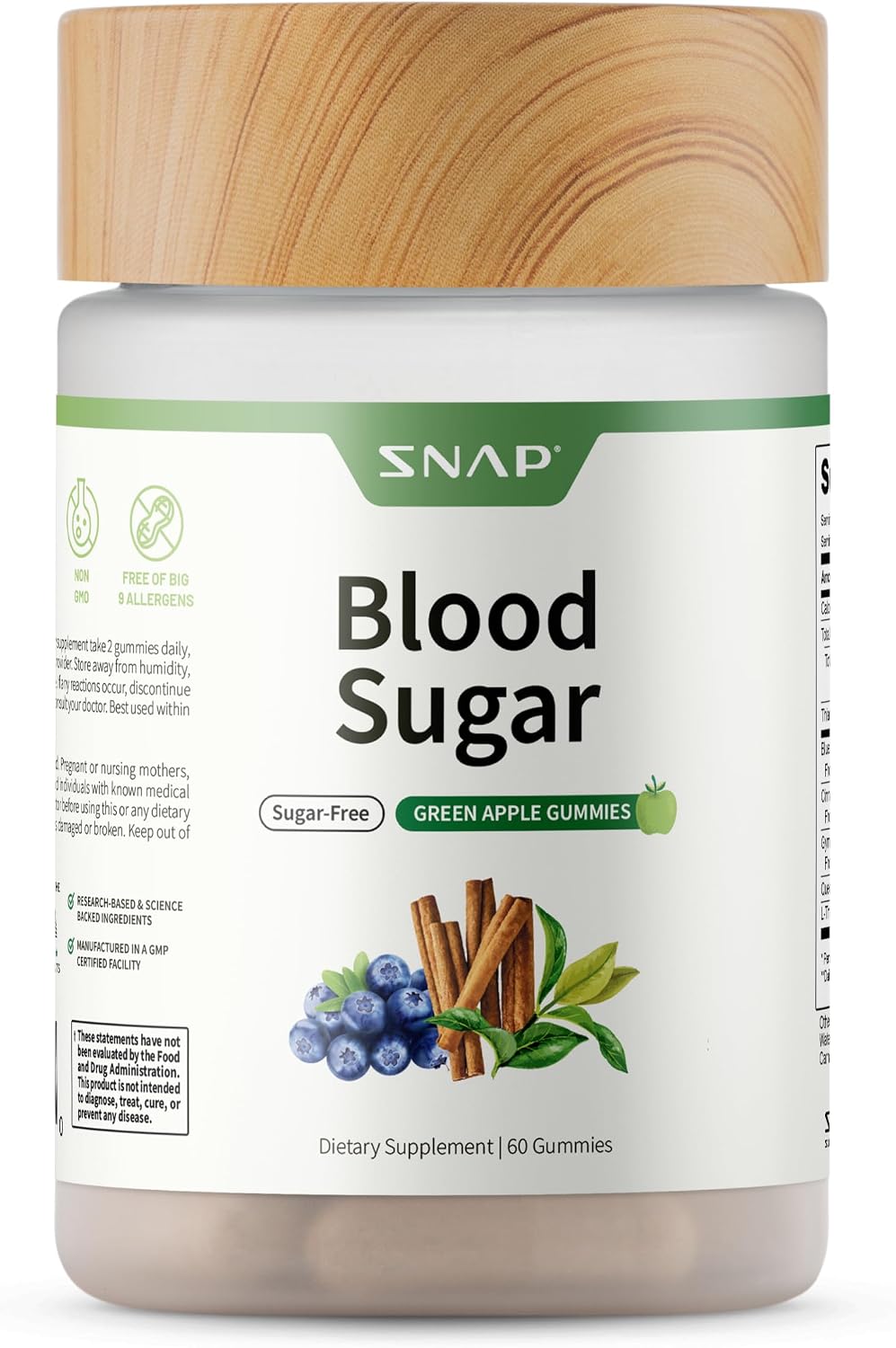 Snap Supplements Blood Sugar Gummies, Green Apple, 60 Sugar-Free Gummies | Support Already Healthy Blood Sugar Levels, with Cinnamon Bark, Blueberry Fruit Extract, Quercetin, (Packaging May Vary)