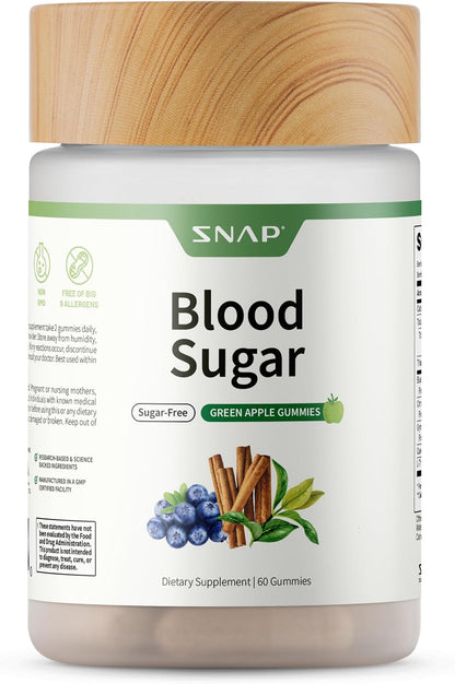 Snap Supplements Blood Sugar Gummies, Green Apple, 60 Sugar-Free Gummies | Support Already Healthy Blood Sugar Levels, with Cinnamon Bark, Blueberry Fruit Extract, Quercetin, (Packaging May Vary)