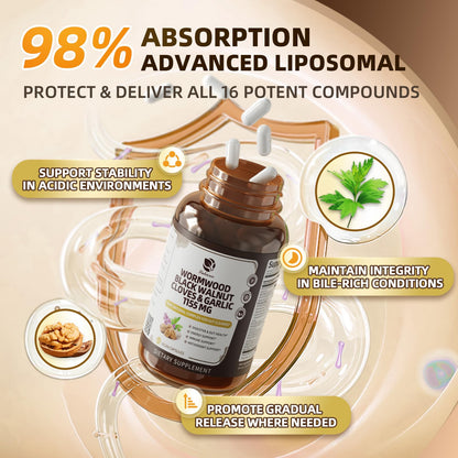 16-in-1 Wormwood Black Walnut Clove Cleanse - Gentle Gut Health | with Pumpkin Seeds Garlic Oregano Turmeric - Natural Digestive & Intestinal Health - Liposomal Tech 98% Absorption 1150mg