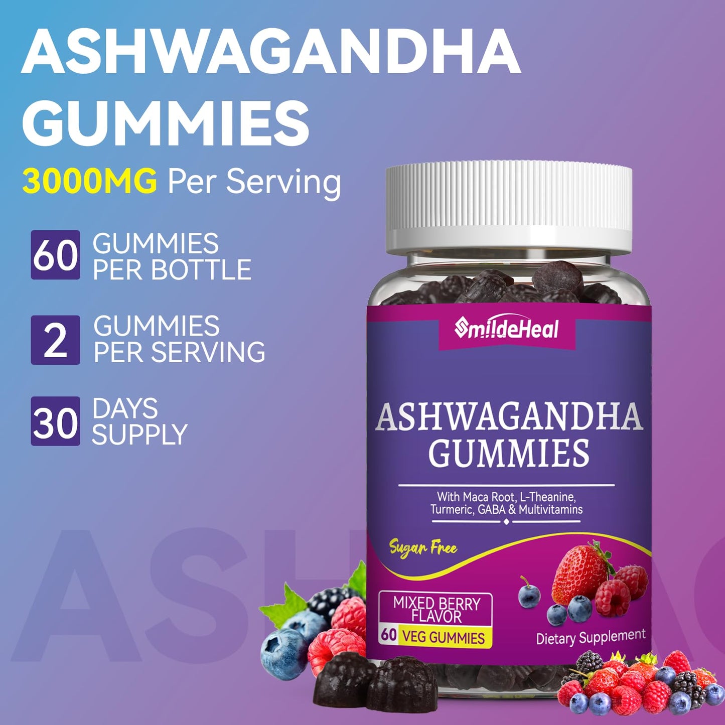 Ashwagandha Gummies 3000mg for Calm & Stress Relief, 60 Count, Vegan | Ashwagandha High Strength Root Extract Supplement with L-Theanine, Trumeric, D3 for Women & Men - Natural Mixed Berry Flavor