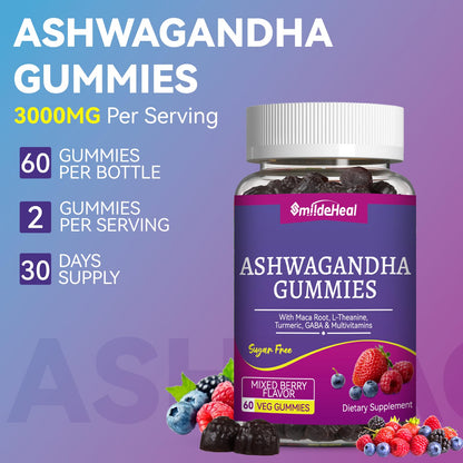 Ashwagandha Gummies 3000mg for Calm & Stress Relief, 60 Count, Vegan | Ashwagandha High Strength Root Extract Supplement with L-Theanine, Trumeric, D3 for Women & Men - Natural Mixed Berry Flavor