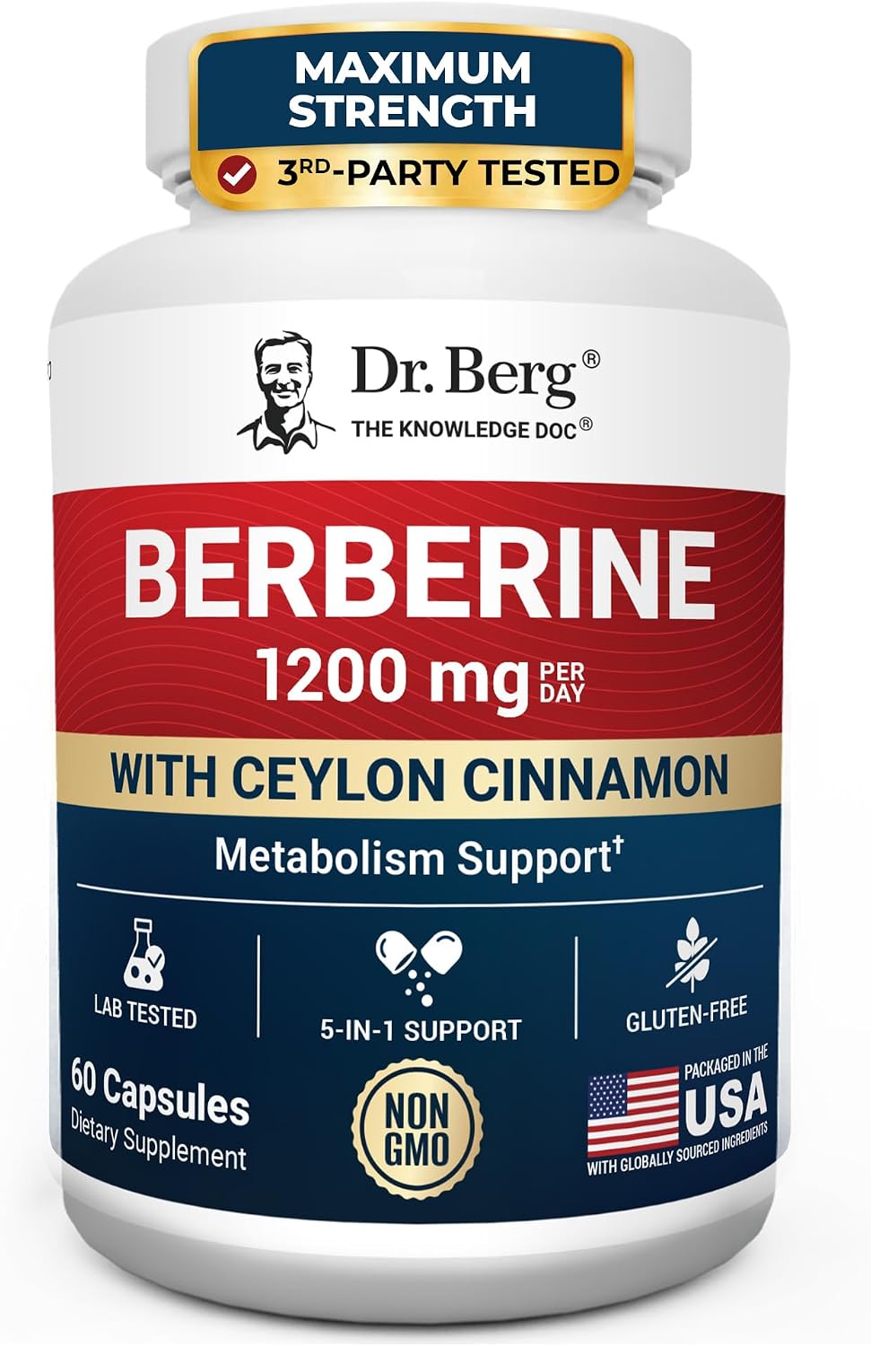 Dr. Berg Berberine 5-in-1 Formula, 60 Capsules – 1200 mg Daily Berberine with Ceylon Cinnamon, ALA, Magnesium Glycinate & BioPerine – Maximum Strength Metabolic & Healthy Blood Sugar Support