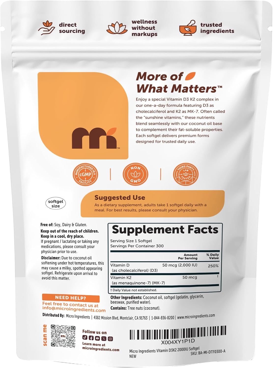 Micro Ingredients Vitamin D3 2,000 IU + K2 MK-7 50 mcg, 300 Softgels | Made with Coconut Oil | 2-in-1 Formula | Easy to Swallow, Non-GMO