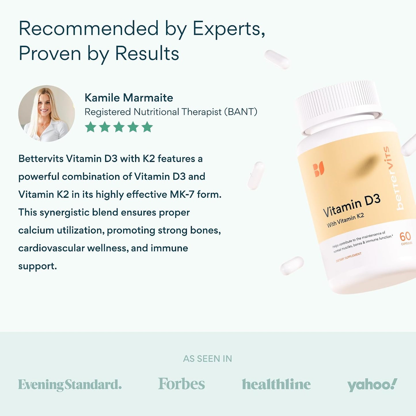 Bettervits Vitamin D3 5000 IU for Women and Men | with High Strength K2 Vitamins for Immune Support and Bone Health | Vitamin D Supplements with Calcium Absorption | 60 Vegetarian Capsules