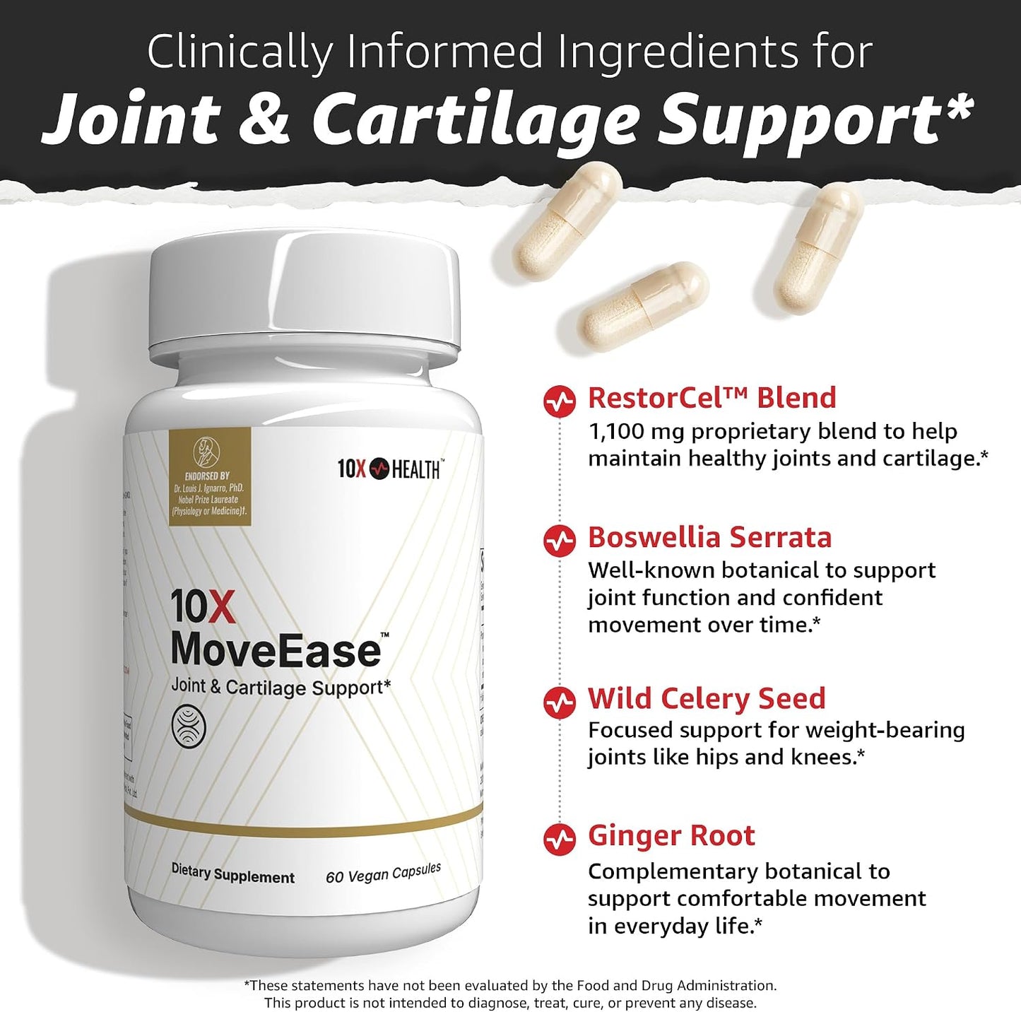 10X Health Joint Support Supplement - 60 Vegan Capsules | Cartilage Support Supplement: RestorCel Blend, Mobility Support for Knees & Hips, Vegan, 60ct