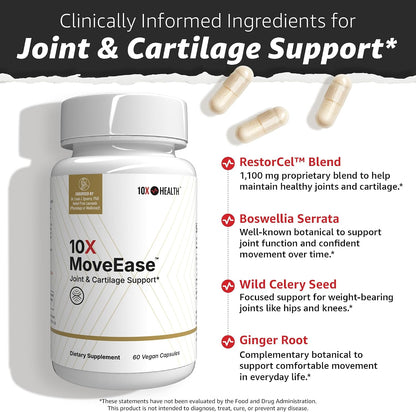 10X Health Joint Support Supplement - 60 Vegan Capsules | Cartilage Support Supplement: RestorCel Blend, Mobility Support for Knees & Hips, Vegan, 60ct