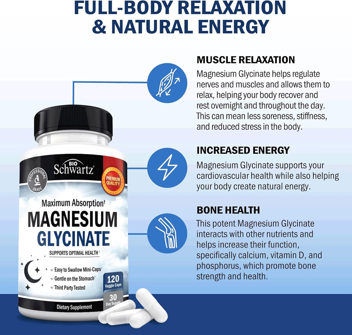 Magnesium Glycinate 500mg Per Serving | Max Absorption | 120 Mini Capsules