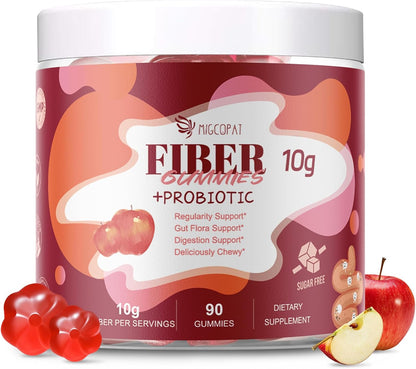 Migcopat Fiber Gummies with Probiotics,10G Fiber per Serving No Sugar Added Apple Flavor, with 10 Billion CFU Probiotics Blend, Apple Cider Vinegar, Vitamin C, Inulin, Bloating Support 90 Count