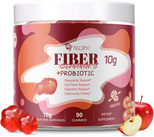 Migcopat Fiber Gummies with Probiotics,10G Fiber per Serving No Sugar Added Apple Flavor, with 10 Billion CFU Probiotics Blend, Apple Cider Vinegar, Vitamin C, Inulin, Bloating Support 90 Count