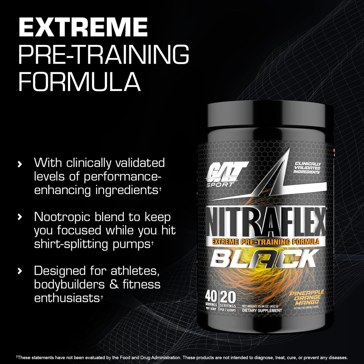 GAT SPORT Nitraflex Black Pre-Workout Powder, Extreme Pre-Training Formula for Men