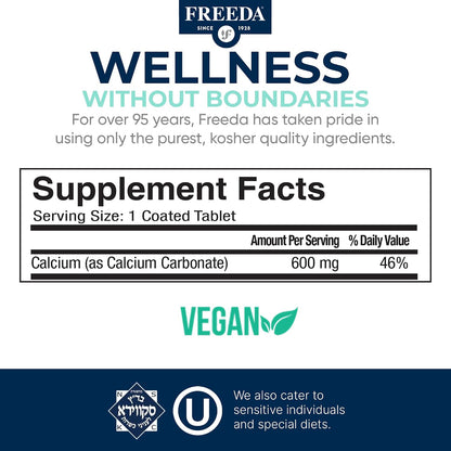 FREEDA Calcium 600mg Tablets for Bone, Joint & Teeth Support – 100 Count | Gluten-Free, Easy-to-Swallow Coated Tablets to Support Healthy Bones, Joints, Teeth, Muscle Function & Nerve Health