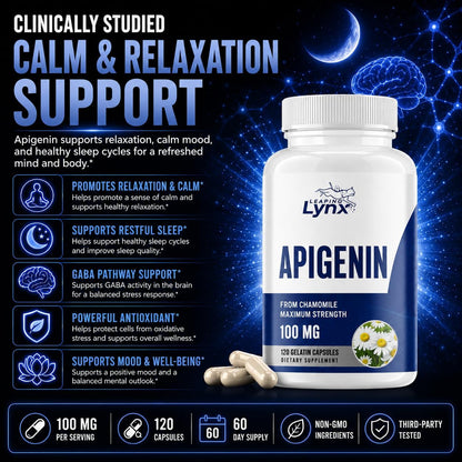 Leaping Lynx Apigenin 100 mg Per Serving (50 mg Per Capsule), 120 Capsules | 60 Day Supply | Sleep Support Supplement for Relaxation, Calm Mood & Healthy Aging | Marigold Extract | Non-GMO