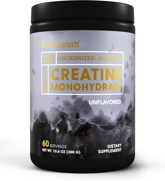 BioEmblem Creatine Monohydrate Powder - Unflavored Micronized Creatine Easily Mixes - Muscle Strength, Workout Recovery, Exercise Performance - 300g Creatine Supplement - Non-GMO, Vegan