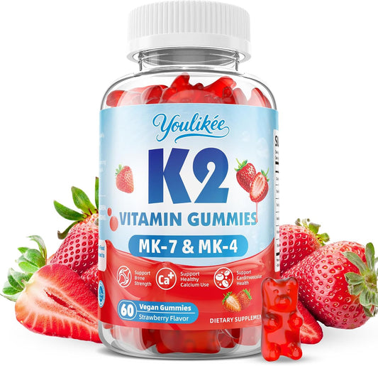 Vitamin K2 Gummies, Dual Formula Vitamin K2 Supplement with MK-7 & MK-4, Supports Bone Health, Gluten-Free, Sugar-Free, Non-GMO, Strawberry Flavor, 60 Gummies