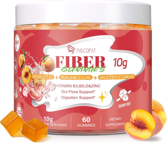 Migcopat 10G Fiber Gummies for Adults with Vitamins C, D, B3, B5 - Digestive & Gut Health Gummies with 30 Billion CFU Probiotics Blend, Inulin, ACV, Magnesium, Zinc, Support Digestive Health, 60 Cts