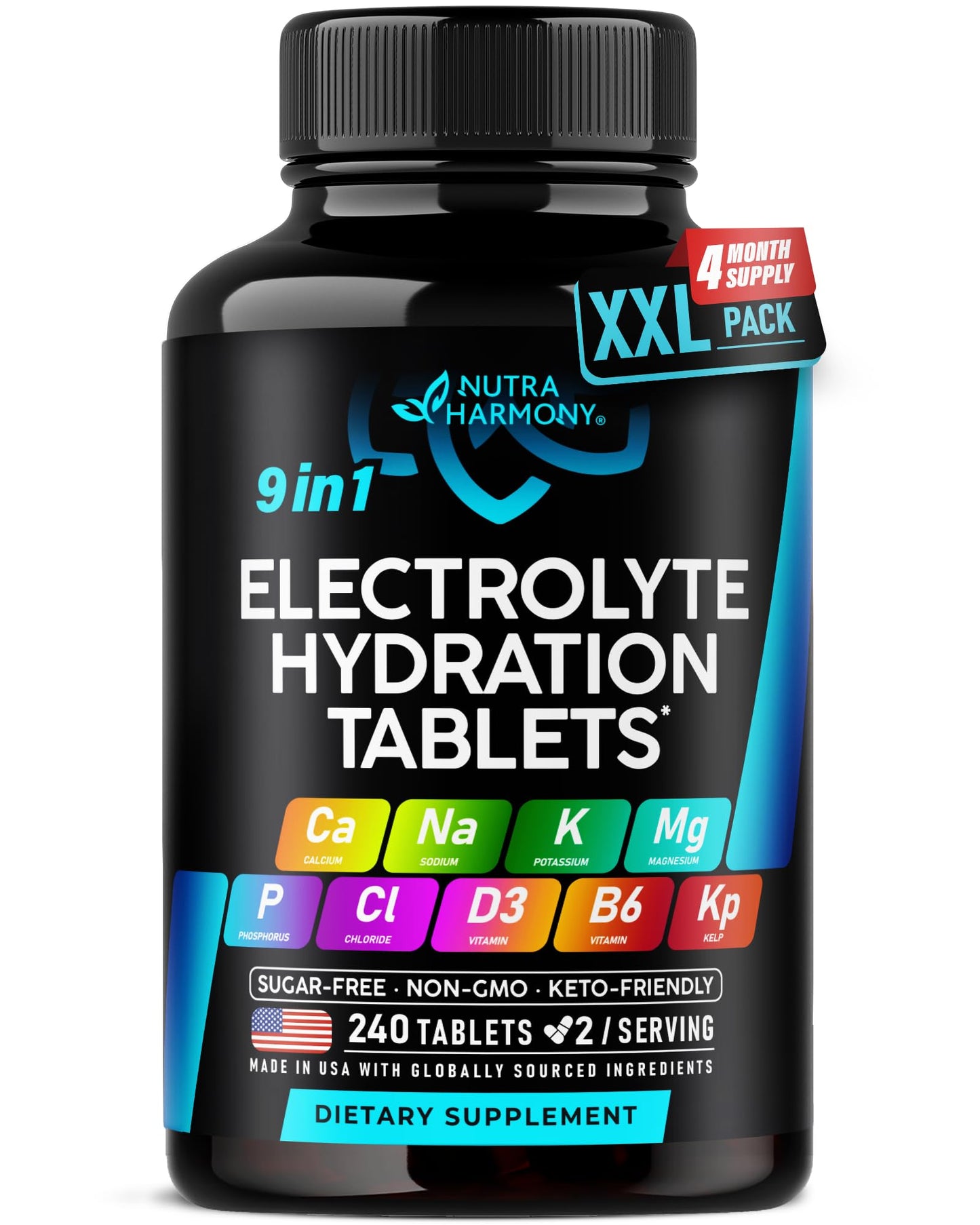 Electrolytes - Electrolyte Tablets with Magnesium, Sodium, Potassium, Chloride, Vitamins D3 & B6, Kelp Powder - Salt Pills - Lab Tested - Oral Tablets as Capsules - Vegan & Keto Friendly - 120 Tabs