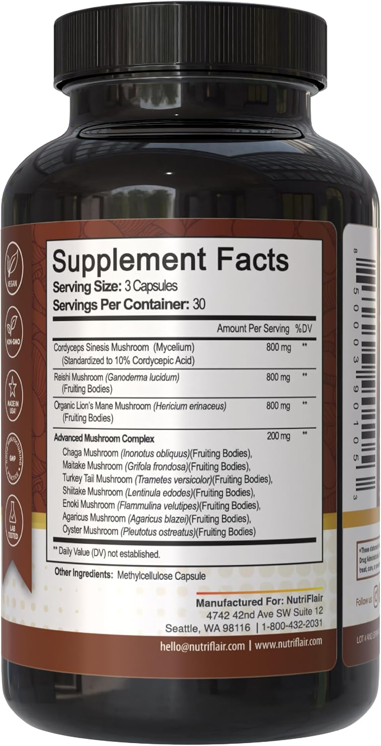 NutriFlair Mushroom Supplement 2600mg, 90 Capsules - 10 Mushrooms Blend - Reishi, Lions Mane, Cordyceps, Chaga, Turkey Tail, Maitake, Shiitake, Oyster Nootropic Formula - Brain, Energy, Focus Pills