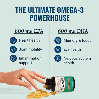 Live Conscious OmegaWell Omega 3 Fish Oil - 2000mg Capsules: Heart, Brain, & Joint Support - 800 mg EPA 600 mg DHA - Sustainably Sourced - Softgels - 30 Day Supply