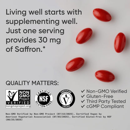 Sports Research® Pure Saffron Supplement, 30 mg - Mood & Stress Support - Made w/Affron® Saffron Extract - Vegan Certified · Non-GMO · Gluten Free – 60 Veggie Softgels