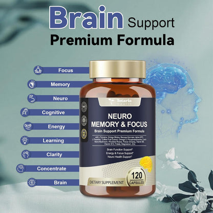Totaria Brain Supplements for Memory and Focus, Brain Health with L-Tyrosine, Alpha GPC, Ginkgo Biloba, Bacopa Monnieri, Nootropic Cognitive Support - Non-GMO, Gluten Free (120 Counts)