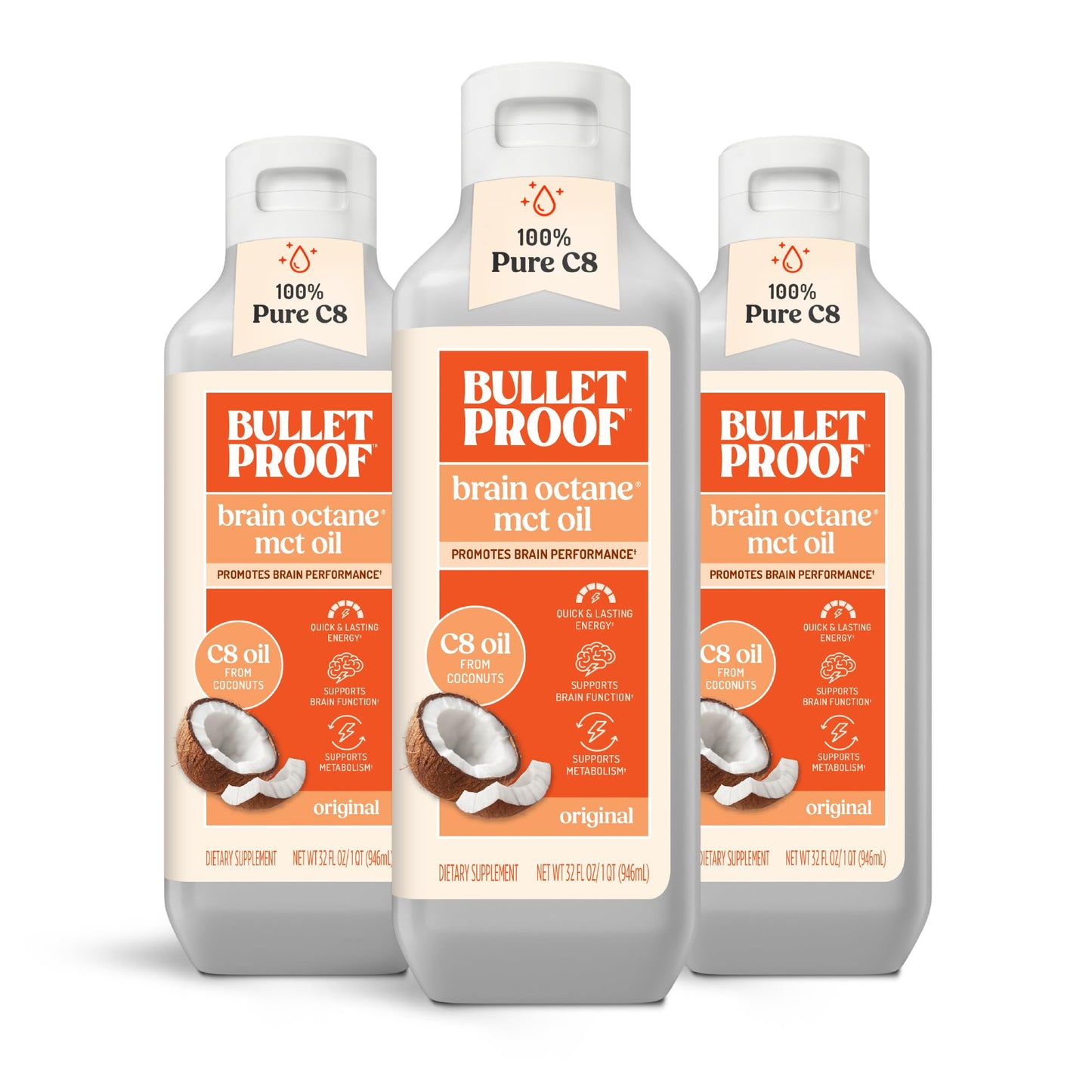 Bulletproof Brain Octane C8 MCT Oil, 16 oz – 100% Pure Coconut Oil, Triple-Distilled Keto Energy Supplement for Coffee & Smoothies, Unflavored, No Additives or Fillers, Non-GMO