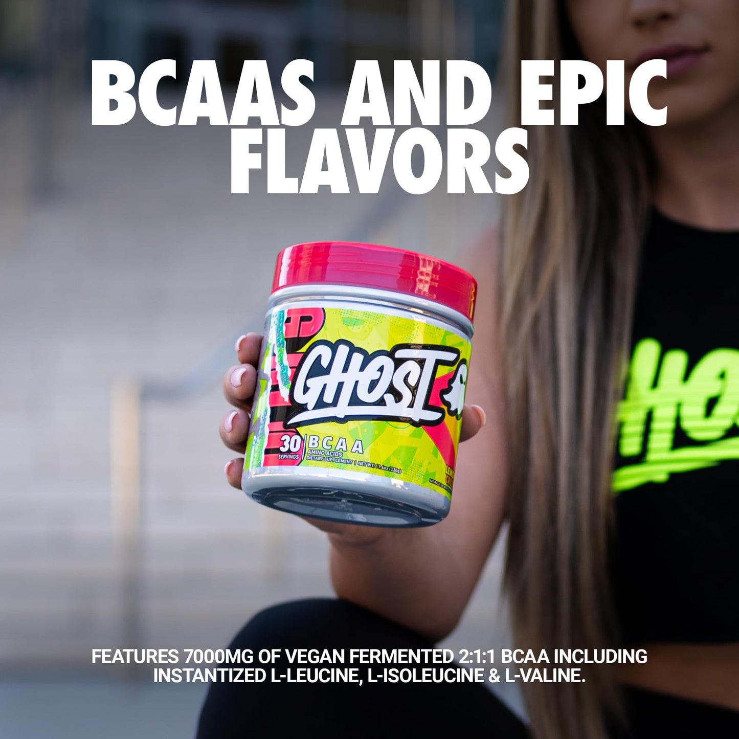 GHOST BCAA Powder Amino Acids Supplement, Sour Strips - 30 Servings - Sugar-Free Intra, Post & Pre Workout Amino Powder & Recovery Drink, 7G BCAA