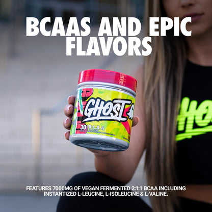 GHOST BCAA Powder Amino Acids Supplement, Sour Strips - 30 Servings - Sugar-Free Intra, Post & Pre Workout Amino Powder & Recovery Drink, 7G BCAA