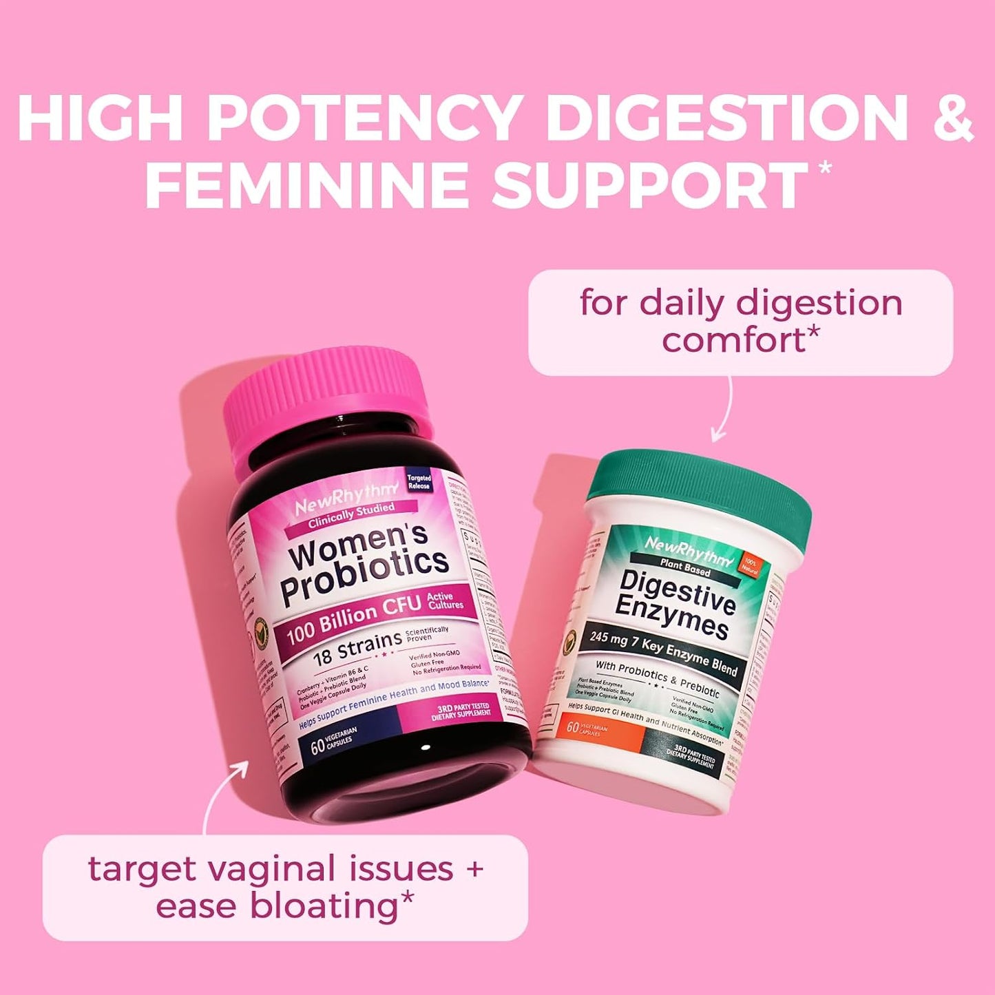 NewRhythm Digestion & Feminine Health Bundle, Probiotics, Prebiotics, Digestive Enzymes, Cranberry, Vitamin C & B6, Bundle & Save, 60 Capsules Each