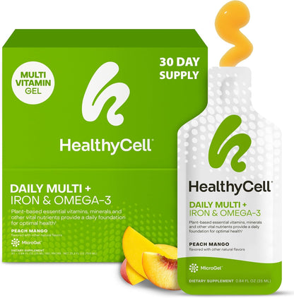 Healthycell Vegan Daily Multivitamin with Iron & Omega-3 Liquid Supplement | 25+ Essential Vitamins, Minerals & Nutrients for Brain & Heart Health, Immune Support & Energy - 30 Gel Packs, Peach Mango