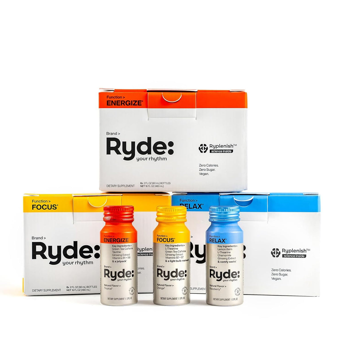 RYDE Shots Variety Pack Energy, Focus & Relax| Essential B Vitamins and Caffeine Zero Calories, Zero Sugar - Try Them All (Pack of 24)