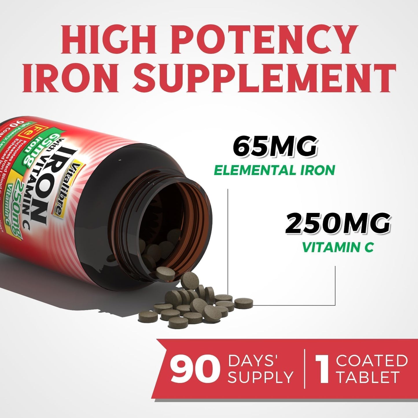 Iron Supplement, 65mg Carbonyl Iron with 250mg Vitamin C, Stomach Friendly | Iron Pills for Blood Building Women & Men, High Absorption, No Nausea, No Constipation, Non-GMO, No Gluten, 60 Vegan Tabs