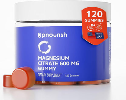 UpNourish Magnesium Gummies for Adults & Kids Magnesium Citrate Gummies 600mg, Calm Supplement for Muscle Relaxation, Bone and Digestive Health, Citrato de Magnesio, Vegan, Non-GMO, 120 Count