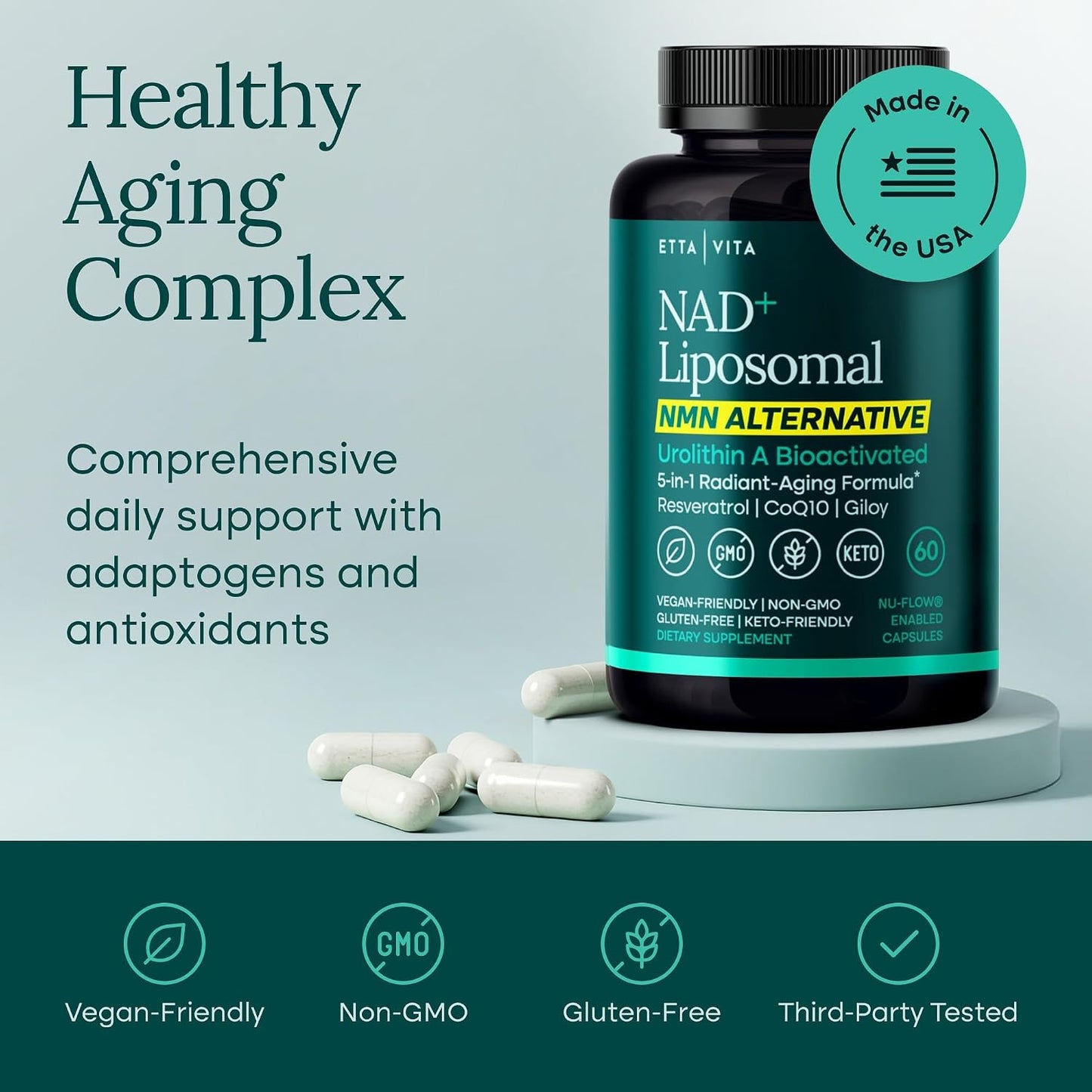 Liposomal NAD+ Supplement - Resveratrol, Muira Puama, Urolithin A, CoQ10 & Giloy (Made in USA) NAD Supplement for Natural Energy, Brain Fog, Digestion, Detox, Gut Health, Microbiome