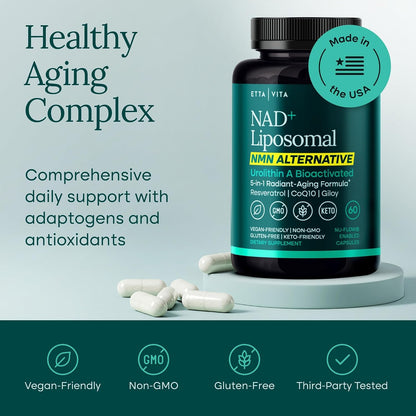 Liposomal NAD+ Supplement - Resveratrol, Muira Puama, Urolithin A, CoQ10 & Giloy (Made in USA) NAD Supplement for Natural Energy, Brain Fog, Digestion, Detox, Gut Health, Microbiome