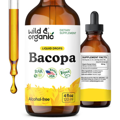 Wild & Organic Bacopa Monnieri Supplement - Brain & Focus Support - Bacopa Extract Liquid Drops - Brahmi Herb Tincture to Add to Tea - 5-Month Supply - Vegan, Sugar & Alcohol-Free - 4 fl oz