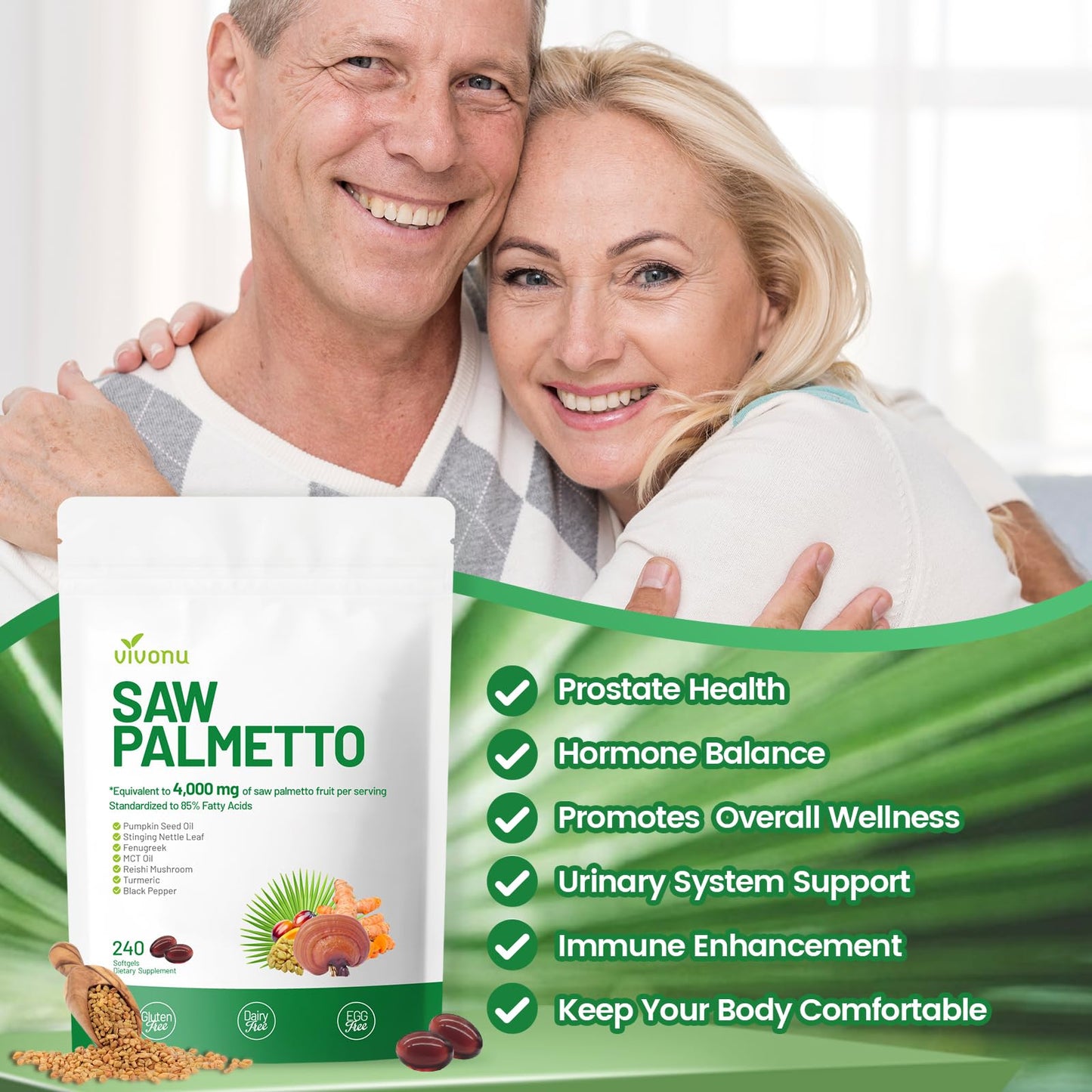 VivoNu Saw Palmetto Capsules Extract 8 in 1, Pumpkin Seed Oil - Supports Prostate Health, Relieves Urination Issues, Supports Hair Growth, DHT Blocker 240 Softgels